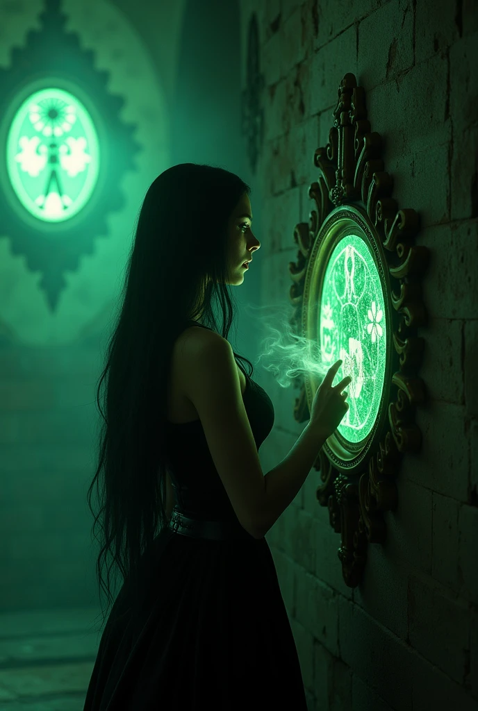 Lilith ignites fear in a feeling of love through the secret mirror dark realistic image with alchemical symbols
