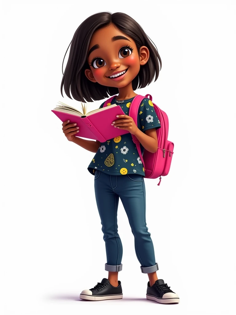 A 6-year-old girl with dark skin, straight hair, wearing a dark blue, yellow and white blouse, dark blue pants and black sneakers. She is holding a notebook, smiling, with a pink backpack on her back, 2D style drawing, on a white background.