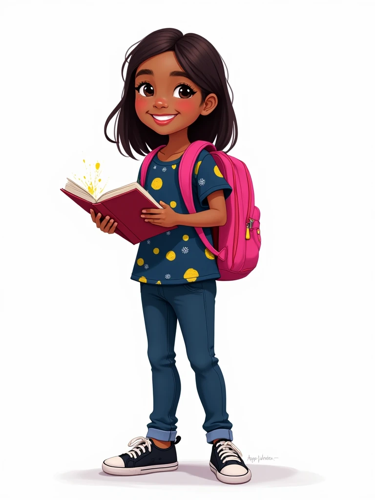 A with dark skin, straight hair, wearing a dark blue, yellow and white blouse, dark blue pants and black sneakers. She is holding a notebook, smiling, with a pink backpack on her back, 2D style drawing, on a white background.