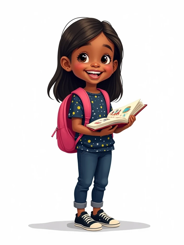 A 6-year-old girl with dark skin, straight hair, wearing a dark blue, yellow and white blouse, dark blue pants and black sneakers. She is holding a notebook, smiling, with a pink backpack on her back, 2D style drawing, on a white background.