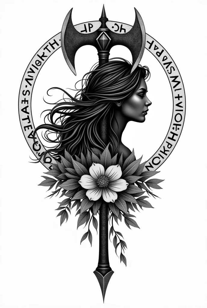Black and white stipple tattoo of a profile with Viking runes and sharp axes referencing the birth of a baby girl baby baby baby baby