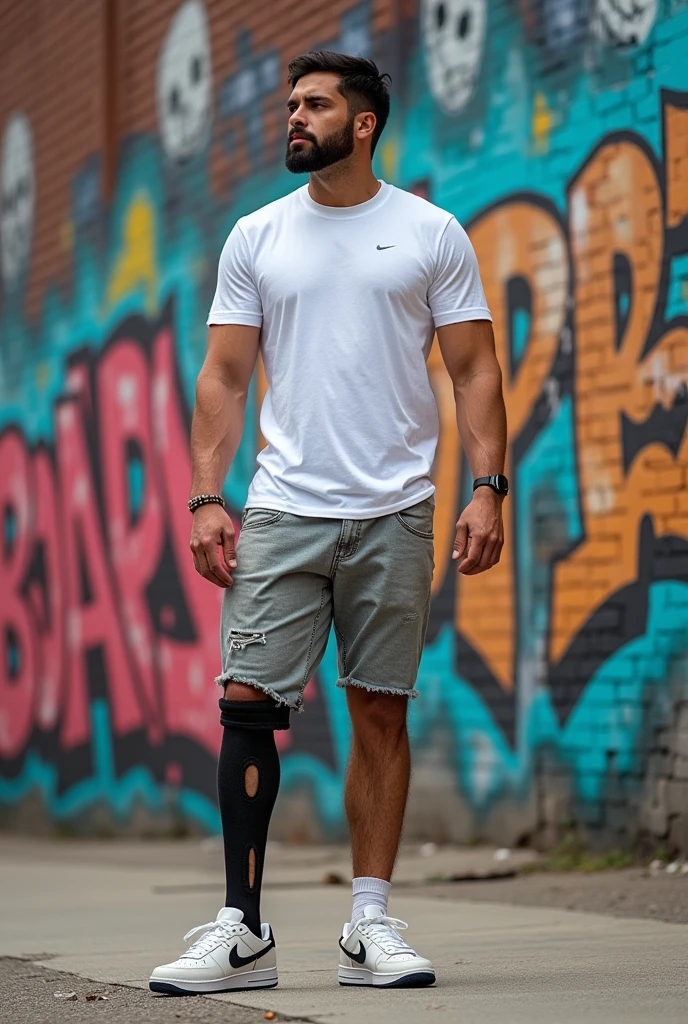 white man who doesn't have a leg on his body, wearing only one Nike shoe, with a 40% off promotion%, this is an image to sell a one-footed shoe.