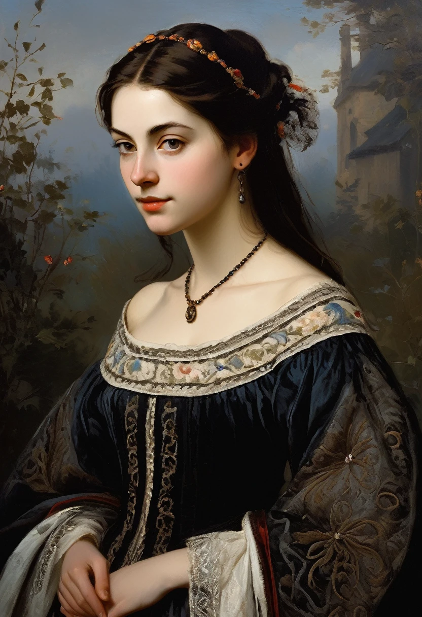 charming young brunette, a slight mysterious smile from the shoulder, a dress with embroidered patterns, 15 century,(Adolf Piot style)), The dark Renaissance, (fog, very scuffing), ((palette/oil painting palette knife)), ((masterpiece)), single shot, impression:1.2, extreme detail, perspective:1.33, 8k