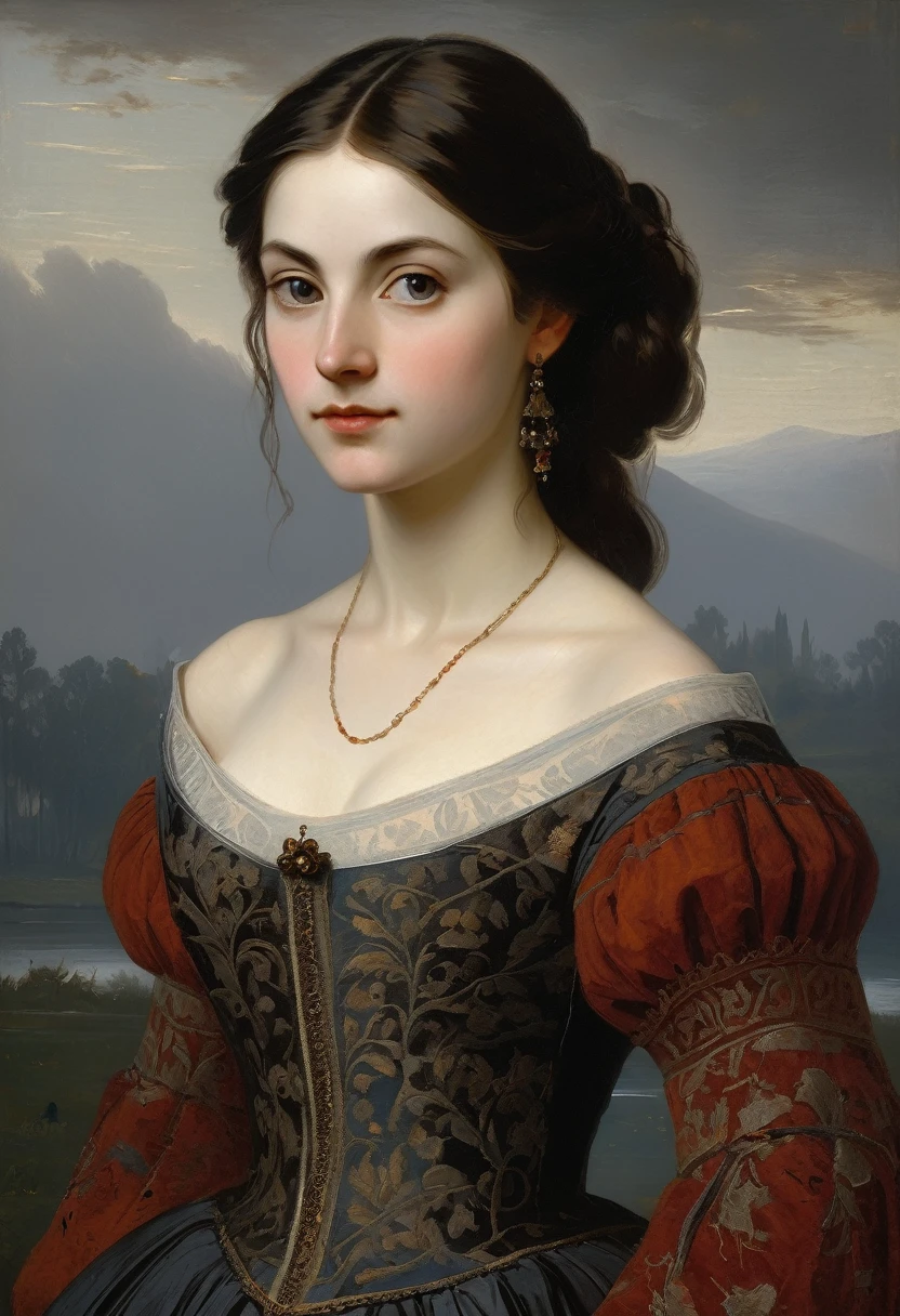 charming young brunette, a slight mysterious smile from the shoulder, a dress with embroidered patterns, 15 century,(Adolf Piot style)), The dark Renaissance, (fog, very scuffing), ((palette/oil painting palette knife)), ((masterpiece)), single shot, impression:1.2, extreme detail, perspective:1.33, 8k