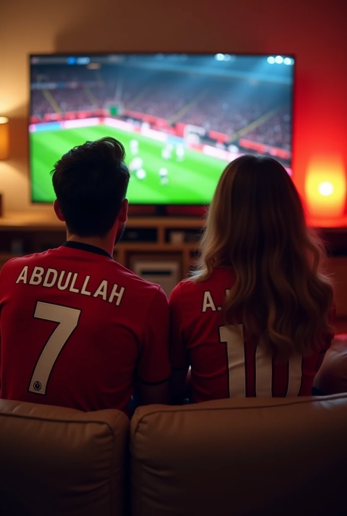 Generate me a pic that I am watching a premier league game between Manchester United and Fulham wearing a Manchester United shirt on LED TV and I am sitting on sofa with my beautiful wife also wearing Manchester United shirt with name A.K and number 10 on her back. The picture should be taken from behind and the name on shirts back will be Abdullah and number 7 on it. Led tv pic should be full