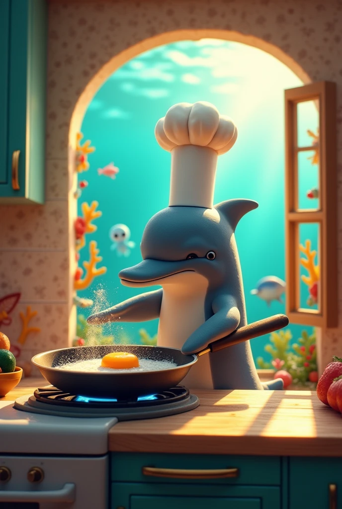 A dolphin wearing a chef&#39;s hat cooking an egg