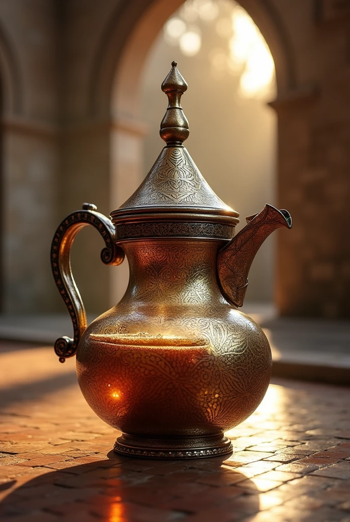 Create a Cezve ( Turkish coffee maker ) that captures the essence of Byzantine art. It is made of mosaics with gold coating.. Its design is a pot that does not contain a lid., as if it were a "inner circle" with a long handle at the top to hold while boiling the coffee together with the water until it forms a kind of foam. The scenery is serene and religious, like tombs. The drawing style should be like manual rendering of product design. It's not a teapot
