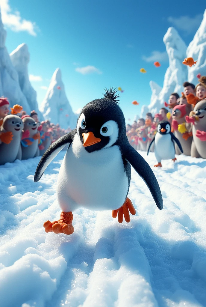 A penguin nearing the finish line, looking exhausted and about to be overtaken."