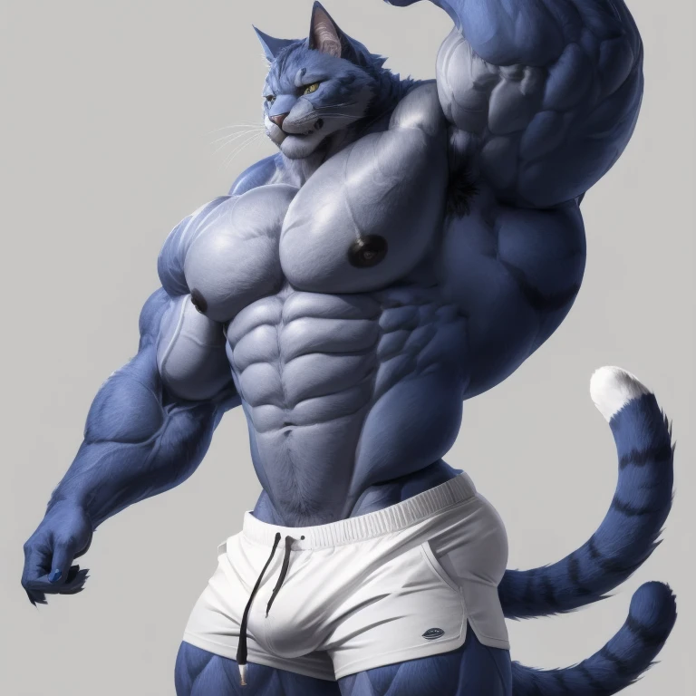 furry growth, hyper growth, hyper muscles, a cat, blue, cute cat, shirtless, white shorts, muscular, on a gray background