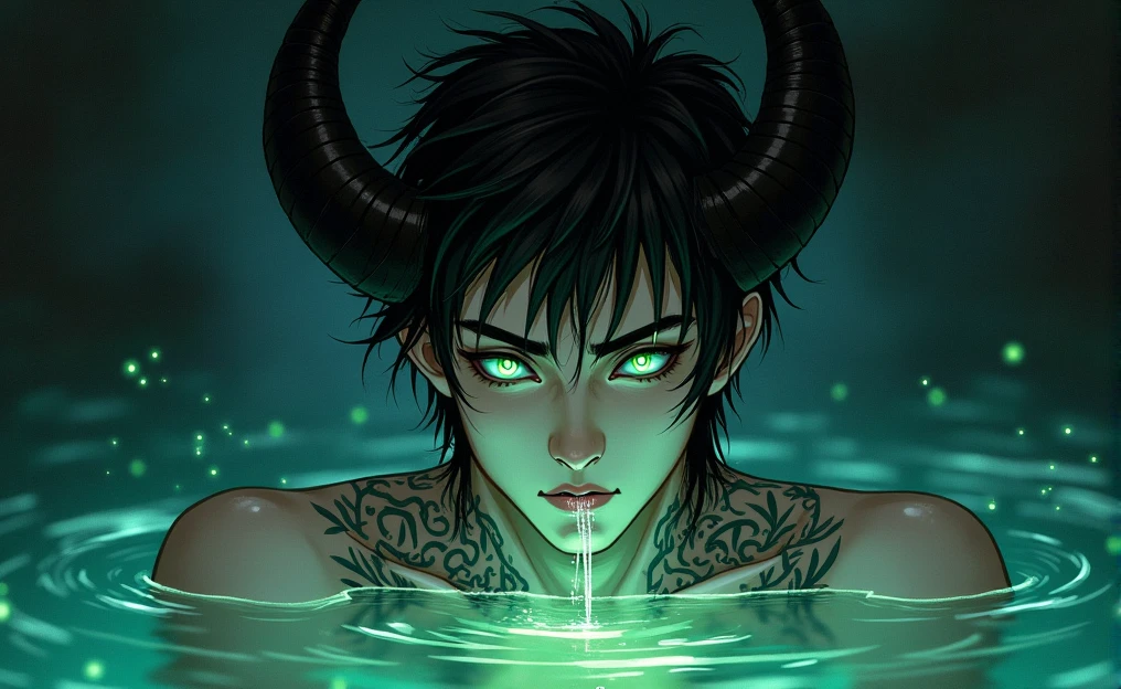 The image displays an artistic illustration of a male character with fantastical features. The character has pale skin and bright, piercing green eyes, giving him an ethereal and mysterious appearance. His hair is dark and messy, cascading onto his forehead and framing his face.
Most striking are the black horns sprouting from his head, Leaning backward, suggesting he might be a demonic or mythological creature. The character is partially submerged in dark water, with water droplets falling from his chin, creating a glow effect on the water surface that emits bluish and greenish hues. besides, there's a tattooed or decorative design on his neck and shoulders, adding more detail to the character's enigmatic look.