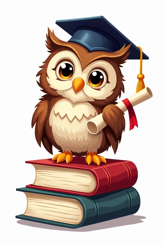 education owl cartoon drawing on top of a book holding a diploma with a cap on its head with white background