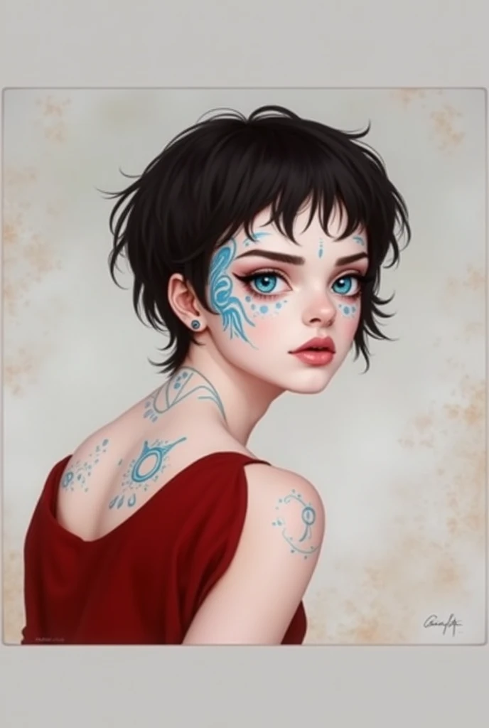 ((detailded)) ((Neutral art))A woman with short black hair, light blue eyes, with bright blue drawings on her face, glare eyes