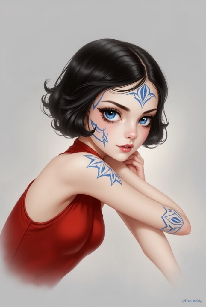 ((detailded)) ((Neutral art))A woman with short black hair, light blue eyes, with bright blue drawings on her face, glare eyes