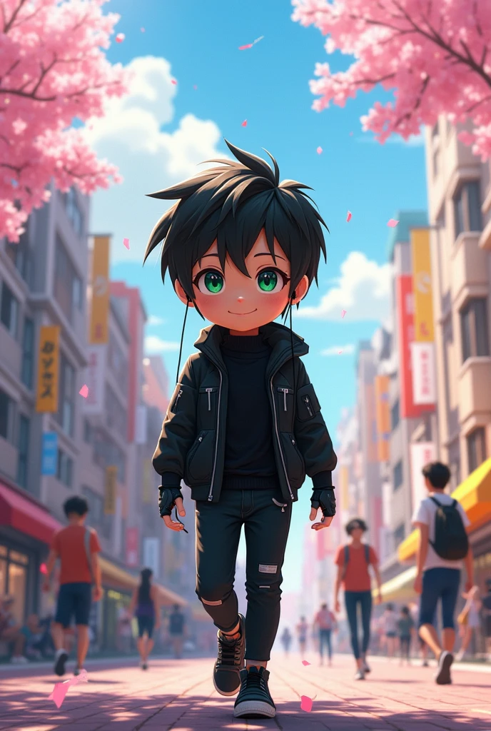 A pleasant robot boy with green eyes and dark hair, wearing black clothes, was walking down the big street listening to music in his earphones, his hair flying in the wind.