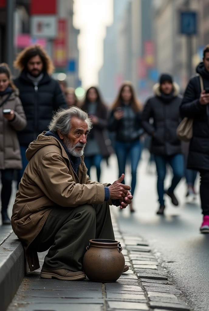 Generate a pic in the size of 16 by 9. A beggar is sitting in a street and begging money where as the people are working around the person and busy in using phone the same should be cinematic and aggressive. The beggar should have a pot in his hand. 