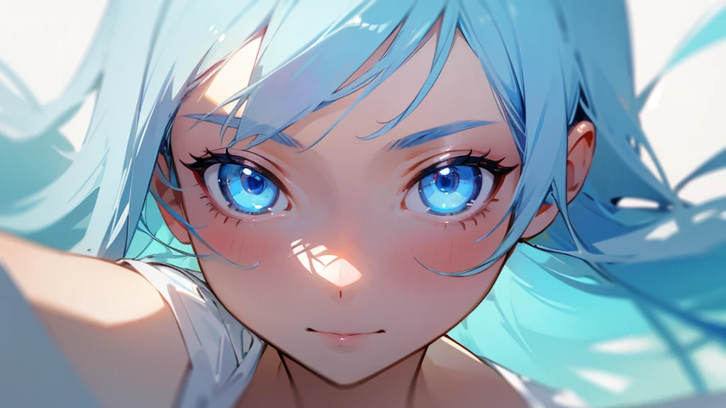 One person with long, light blue hair, White Skirt, Close up of face, completely naked