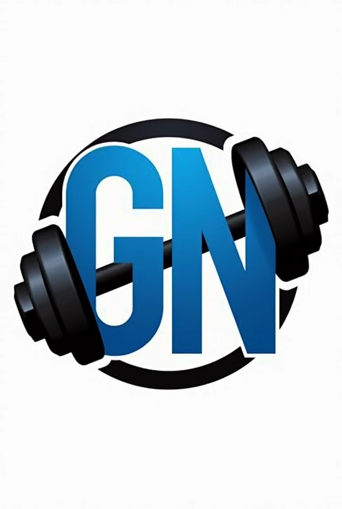 Generate a PNG logo for a personal trainer with the initials GN in blue, black and white colors in PNG with dumbbells
