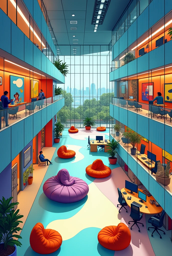 A company only the internal building, without people, in comic drawing mode, without people