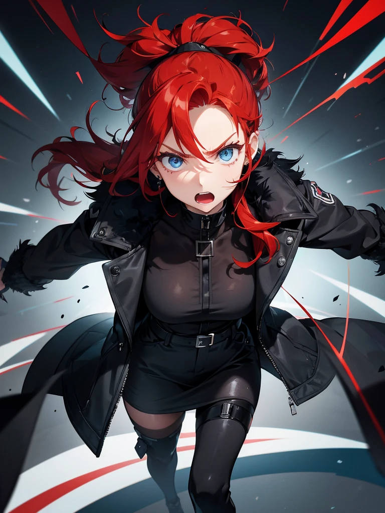 1 person,Redhead,,blue eyes, Target your audience, Angry expression,Wearing a black fur jacket, Medium Hair,ponytail, Are standing,that&#39;it&#39;s snowing, Strong winds, Arctic Circle, Whthate T-shirt, Black long pants