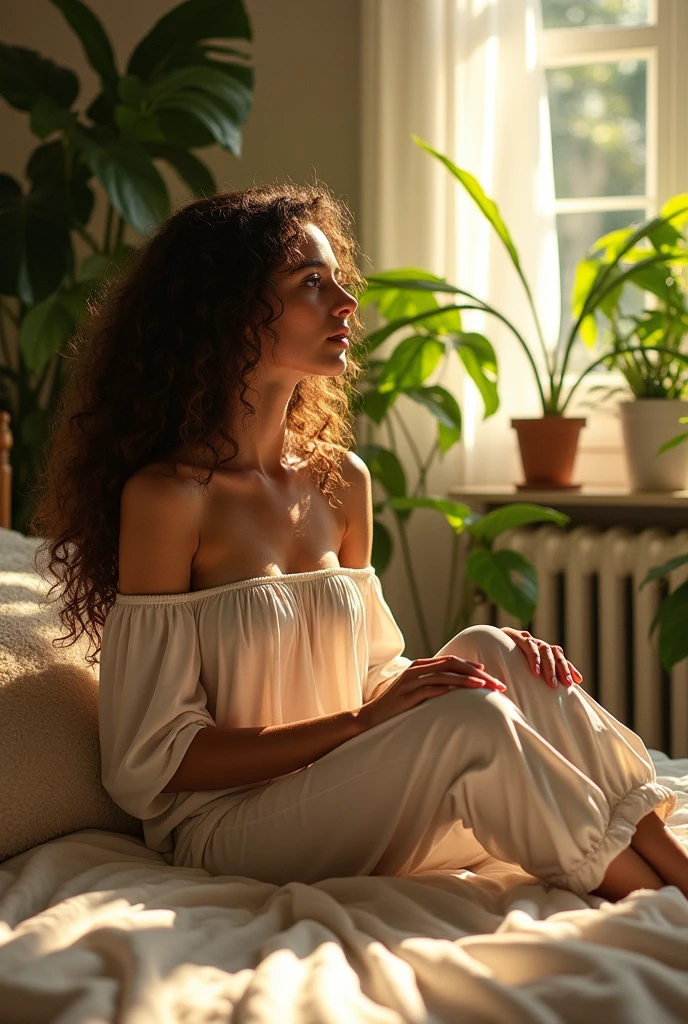 (photorealism:1.2), beautiful woman, sitting on bed, wearing loose off-shoulder top, pajama pants, long curly hair, indoors, soft lighting, plants in background, window with sunlight, cozy room, relaxed pose, realistic, intricate details, warm colors, by Greg Rutkowski, by Alphonse Mucha