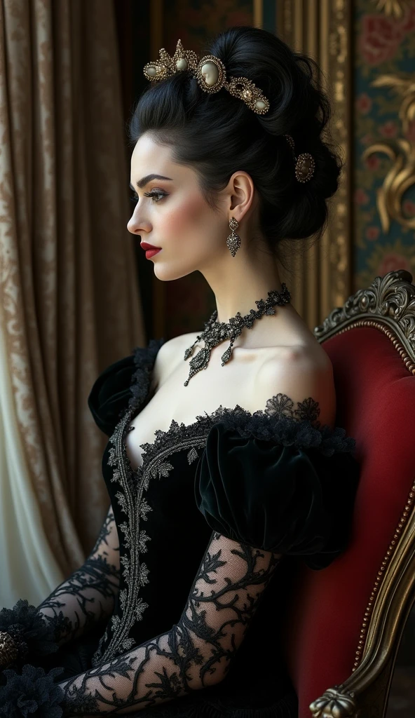 portraiture of a refined, Victorian-era lady vampire, mysterious, dark, 19th century Inspired, intricately adorned, velvet, silk, and lace, oil on canvas, highly detailed, photorealism, Alphonse Mucha's ornate Art Nouveau, Caravaggio's dramatic, high-contrast lighting, Irwin Penn's cinematic, soft, misty atmosphere, lavish, ornate, gothic architecture, heavy drapery, Baroque-inspired furniture, subtle, eerie ambiance, dark, red lips, porcelain skin, elaborate hairstyle, cameos, brooches, and jewelry, mysterious,
