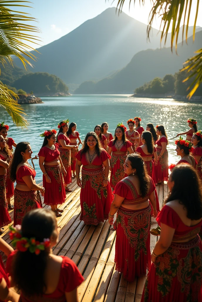 Photo de maya et de circassiens en train de faire la fête ensemble devant le lac atitlan sur une plateforme flottante de bambou