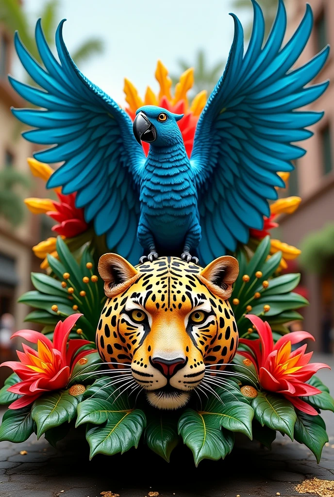 a float with a large blue macaw with open wings and a jaguar head at the front