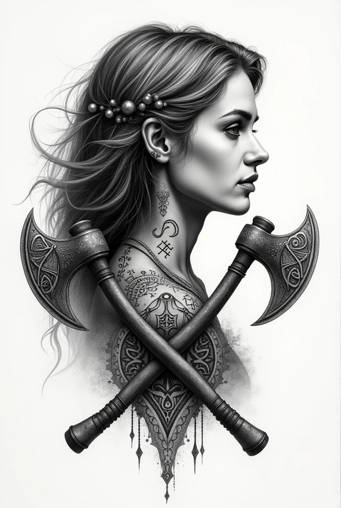 Black and white stippling tattoo of a profile with Viking runes and sharp axes referencing the birth of a baby girl baby baby baby  baby child born