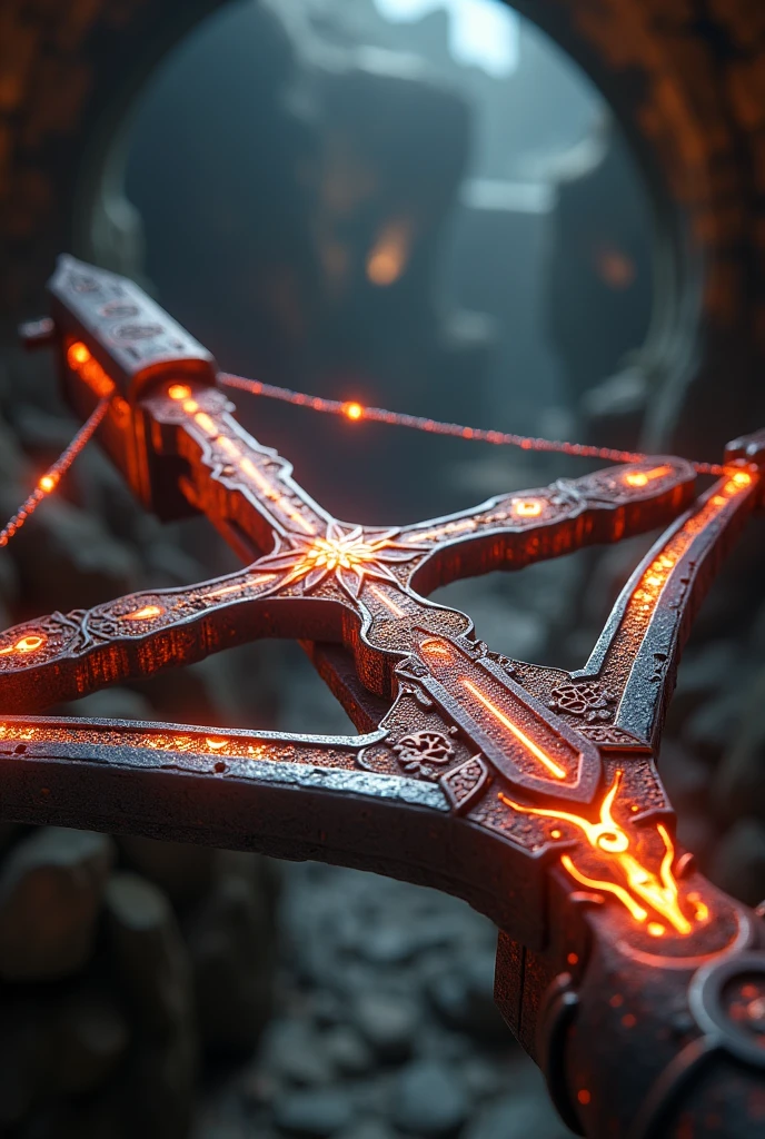 Draw a magical crossbow made of silver, with flaming red runes made by a dwarf. In the background a blurred dwarf mine. 8k, epic