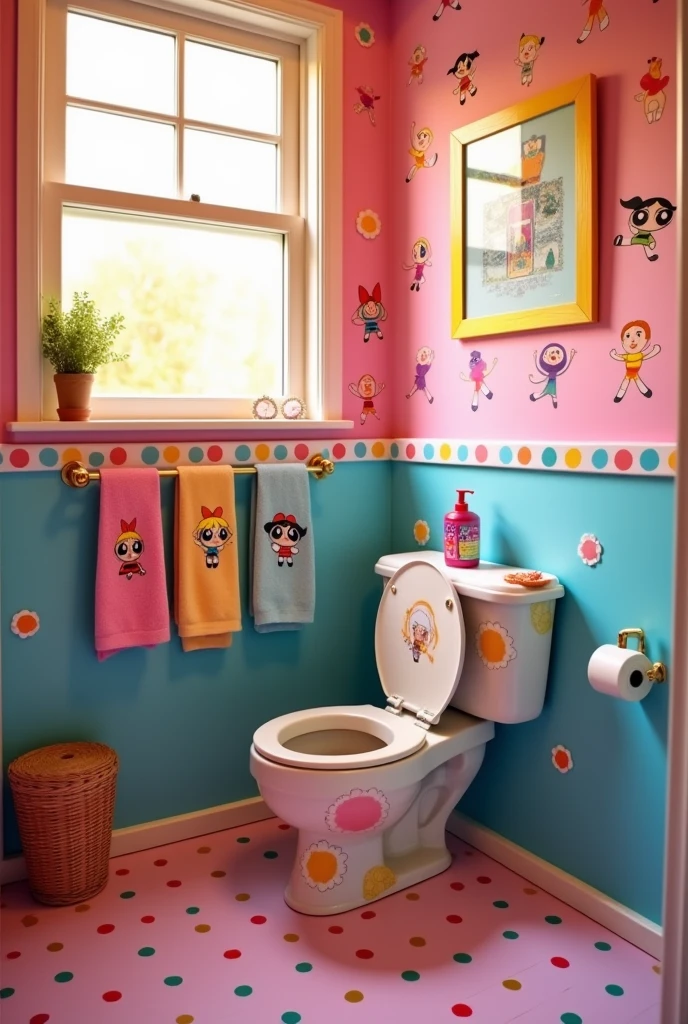 Create for me the image of the Powerpuff Girls bathroom showing the toilet