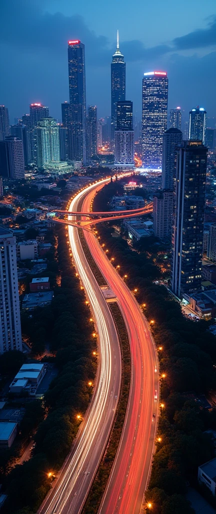 (Light trail photography)jakarta,Skyscrapers,Metropolitan Expressway,night,View from the drone,Beautiful afterimage of light,masterpiece,Highest quality,Ultra-high resolution,Super detailed,8k,Realistic,Best aesthetics
