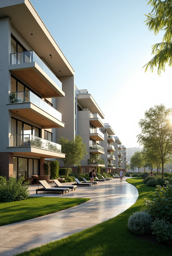 A luxurious condominium with modern houses and an outdoor gym, detailed architecture, beautiful landscaping, serene environment, natural sunlight, minimalist design, high-end amenities, people exercising outdoors, lush greenery, contemporary style, photorealistic, 8k, best quality, highly detailed