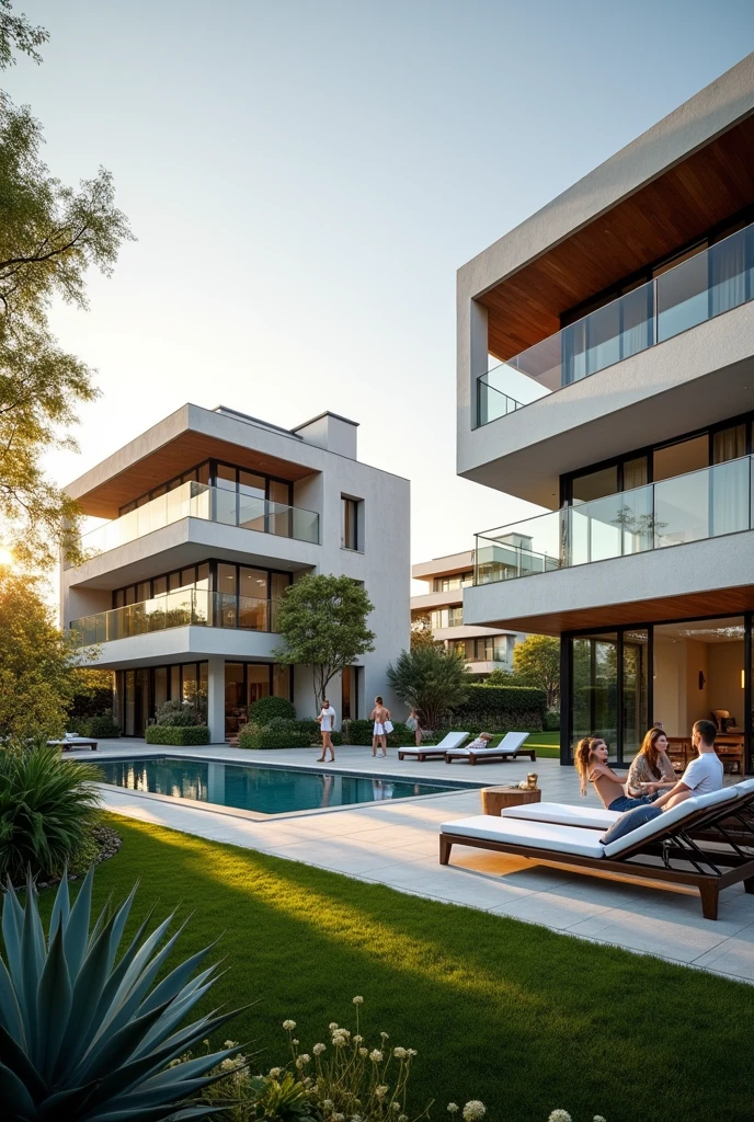 A luxurious condominium with modern houses and an outdoor gym, detailed architecture, beautiful landscaping, serene environment, natural sunlight, minimalist design, high-end amenities, people exercising outdoors, lush greenery, contemporary style, photorealistic, 8k, best quality, highly detailed