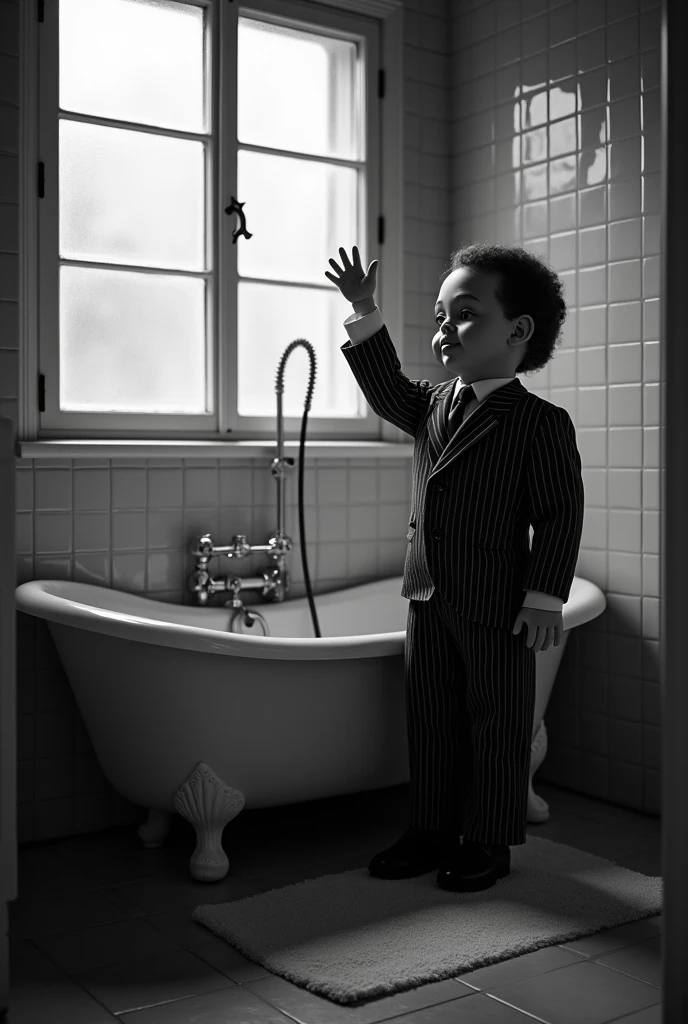 Create a black and white image with a vintage tone, capturing a cinematic vision of the interior of a 1940s bathroom. The scene should feature a life-sized doll, inspirado no 'Slappy' de Goosebumps, dressed in a classic suit from the era. The doll should be greeting the camera with its hand raised and an unsettling smile. The bathroom should reflect the authentic style and details of the 1940s, and the image should have an old camera aesthetic, creating an atmosphere that is both nostalgic and mysterious.