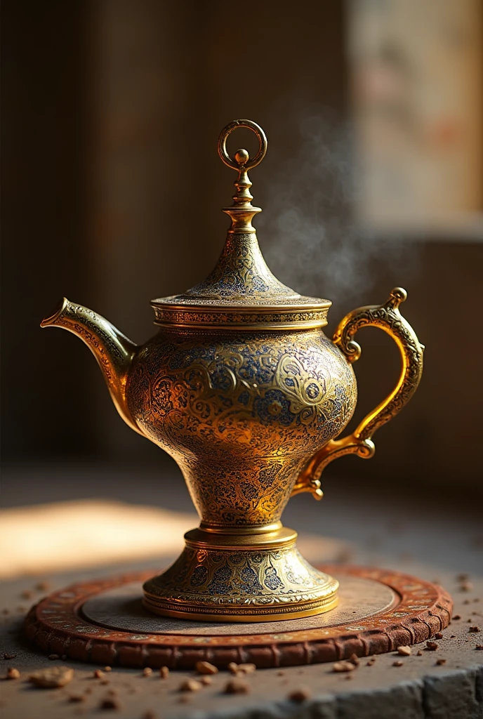 Create a Cezve that captures the essence of Byzantine art. It is made of mosaics with gold coating.. Its design is an open pot that doesn't have a lid, as if it were a "inner circle" with a long handle at the top to hold while boiling the coffee together with the water until it forms a kind of foam.  The scenery is serene and religious, like tombs.  The drawing style should be like manual rendering of product design. It's not a teapot
