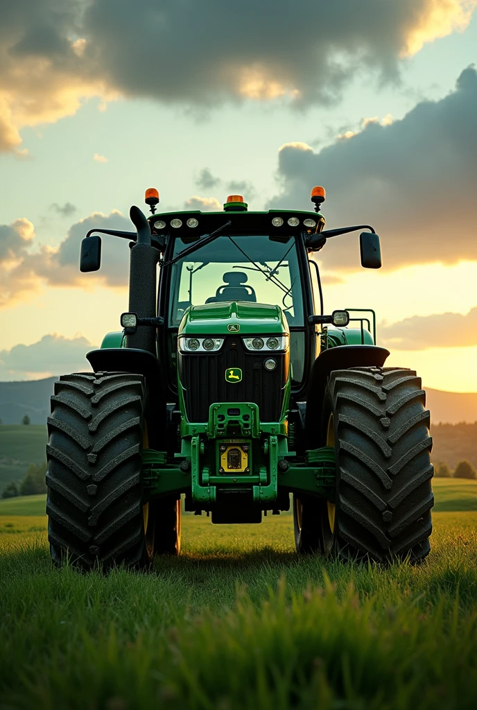 green tractor with larger rear wheels and smaller front wheels, with a closed cab and dark windows, aggressive hood lines, creating a mean look