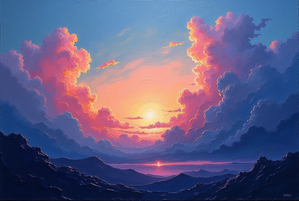 thick shiny textured oil painting, clouds, impasto brushstrokes,  abstract sky, moody masterpiece, magical color scheme