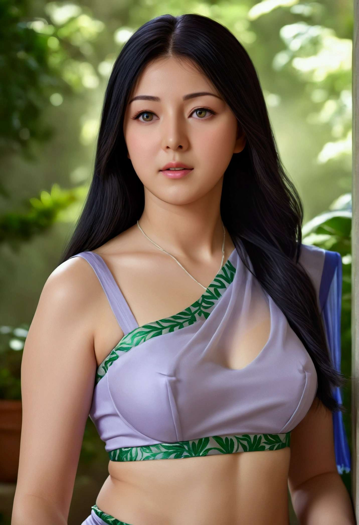 A beautiful detailed portrait of Hinata Hyuga from the anime series Naruto, long dark hair, pale lavender eyes, delicate facial features, serene expression, intricate details on her tight fitted saree, revealing cleavage and legs, detailed background with lush greenery, vibrant colors, cinematic lighting, digital art, highly detailed, photorealistic, (best quality,4k,8k,highres,masterpiece:1.2),ultra-detailed,(realistic,photorealistic,photo-realistic:1.37),concept art