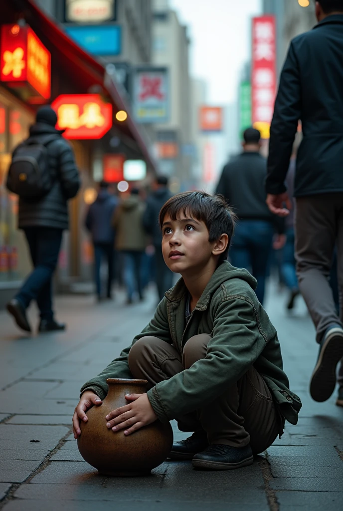Generate a pic in the size of 16 by 9. A beggar is sitting in a street and begging money where as the people are working around the person and busy in using phone the same should be cinematic and aggressive. The beggar should have a pot in his hand. The beggar age should be in between 15 to 16 years a boy