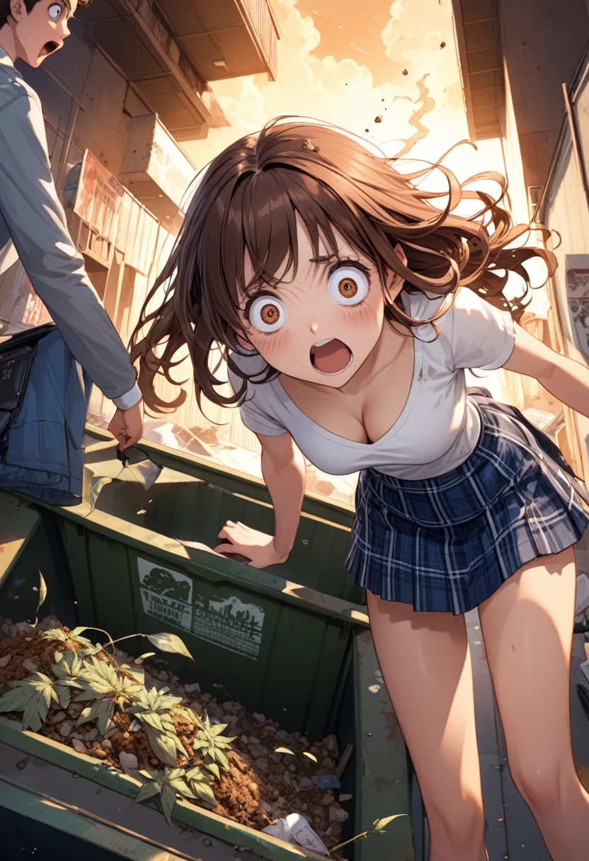 detailed illustration, dynamic angle, ultra-detailed, illustration, 1girl, 18 year old, school girl, white blouse, blue plaid skirt, wavy brown hair, long hair, bright brown eyes, cleavage, medium breasts, wide eyes, shock, surprised, shocked eyes, gasping, confused, standing in a dumpster, dirty, covered in garbage, smoking a joint, weed, high
