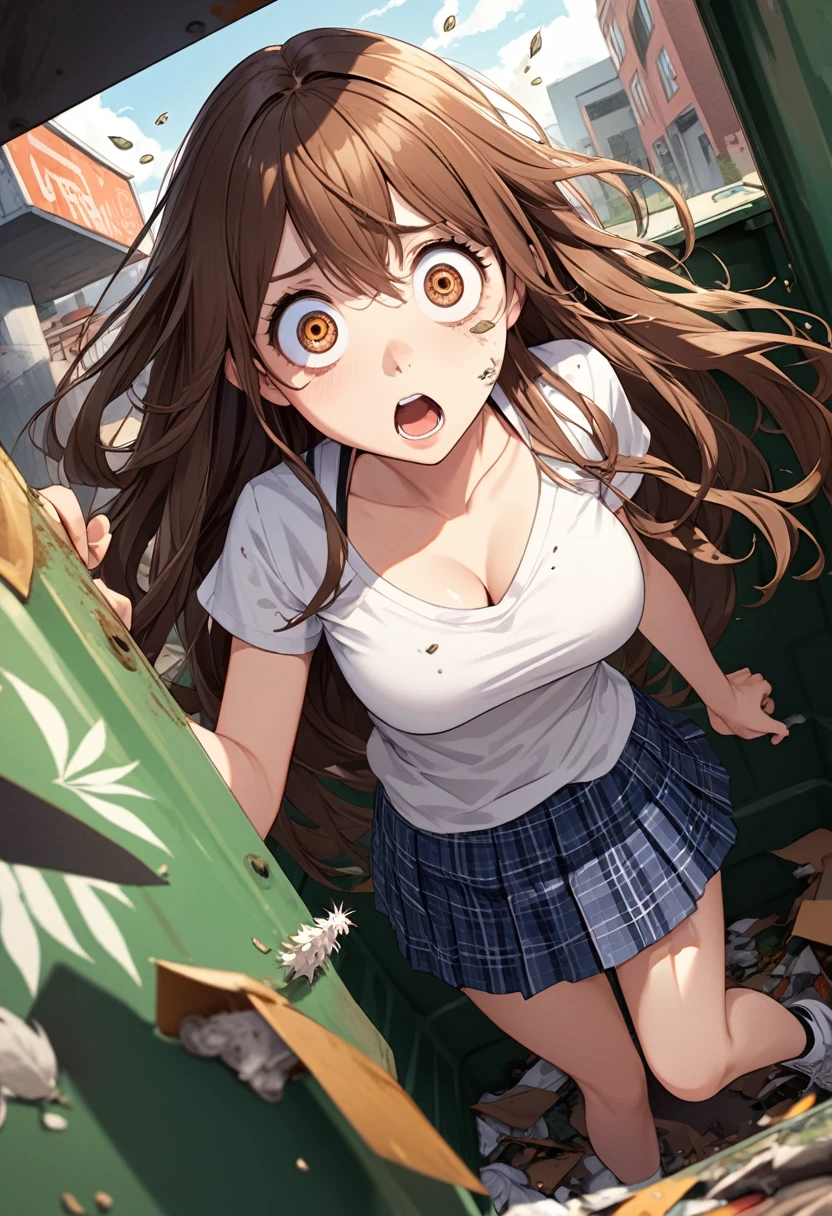 detailed illustration, dynamic angle, ultra-detailed, illustration, 1girl, 18 year old, school girl, white blouse, blue plaid skirt, wavy brown hair, long hair, bright brown eyes, cleavage, medium breasts, wide eyes, shock, surprised, shocked eyes, gasping, confused, standing in a dumpster, dirty, covered in garbage, smoking a joint, weed, high