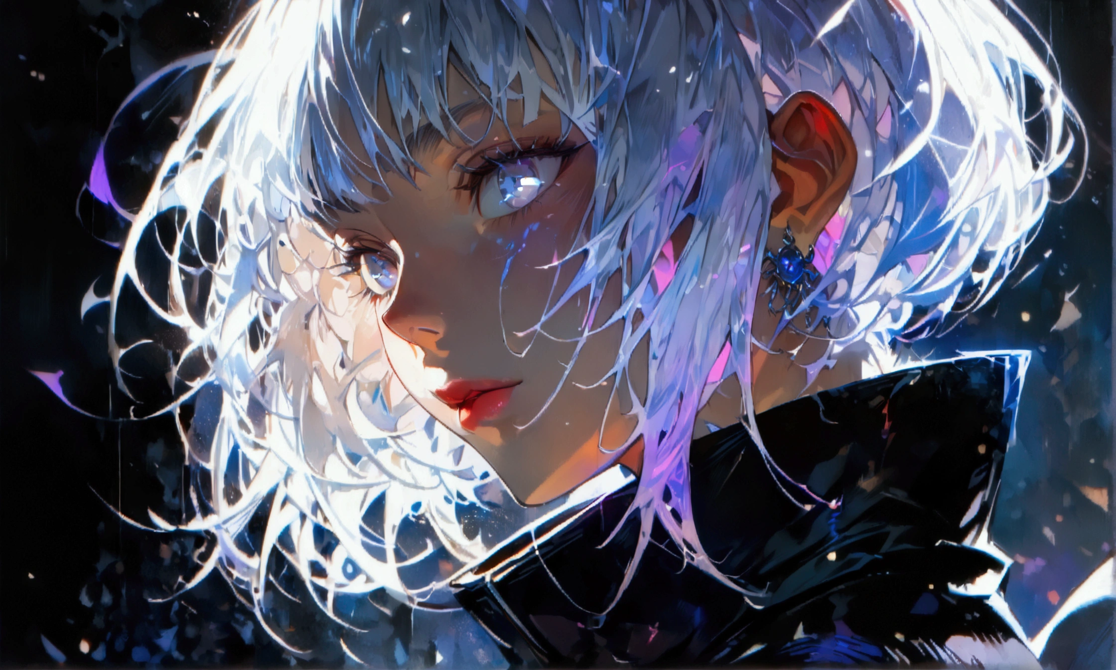 Woman, white eye, white hair with purple highlights, black outfit with high collar, ((Intricate anime character design inspired by Jujutsu Kaisen)), ((Stunning lighting)), ((Fine lines)), ((Stunning focus)), ((Stunning face)), ((Detailed focus)), ((Detailed background)), ((Ultra-fine 2D design)), ((Background full of creativity)), ((2D masterpiece)), ((Best quality), ((8K)), ((Anime style))
