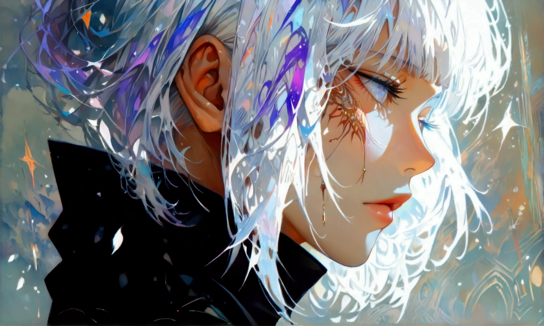 Woman, white eye, white hair with purple highlights, black outfit with high collar, ((Intricate anime character design inspired by Jujutsu Kaisen)), ((Stunning lighting)), ((Fine lines)), ((Stunning focus)), ((Stunning face)), ((Detailed focus)), ((Detailed background)), ((Ultra-fine 2D design)), ((Background full of creativity)), ((2D masterpiece)), ((Best quality), ((8K)), ((Anime style))