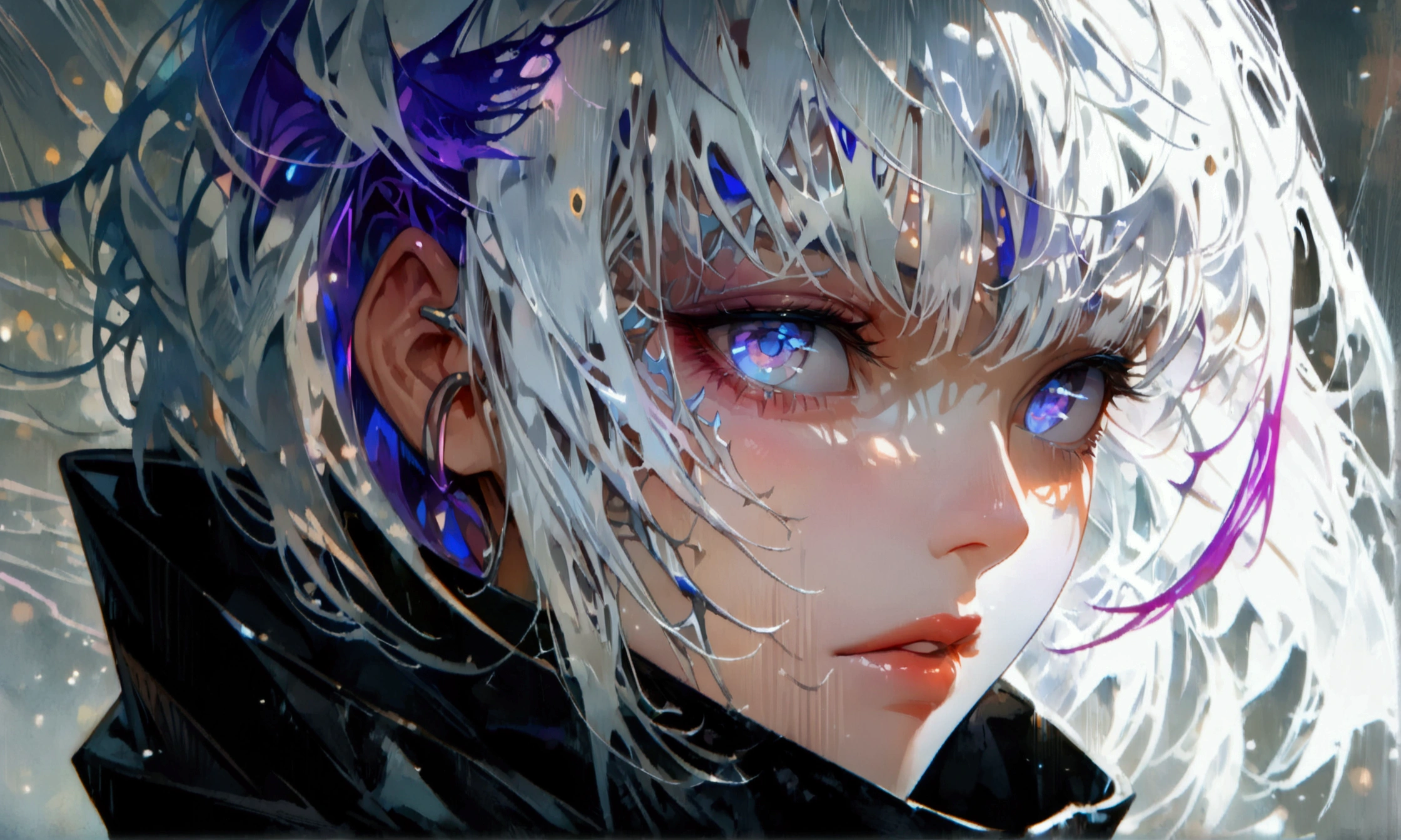 Woman, white eye, white hair with purple highlights, black outfit with high collar, ((Intricate anime character design inspired by Jujutsu Kaisen)), ((Stunning lighting)), ((Fine lines)), ((Stunning focus)), ((Stunning face)), ((Detailed focus)), ((Detailed background)), ((Ultra-fine 2D design)), ((Background full of creativity)), ((2D masterpiece)), ((Best quality), ((8K)), ((Anime style))