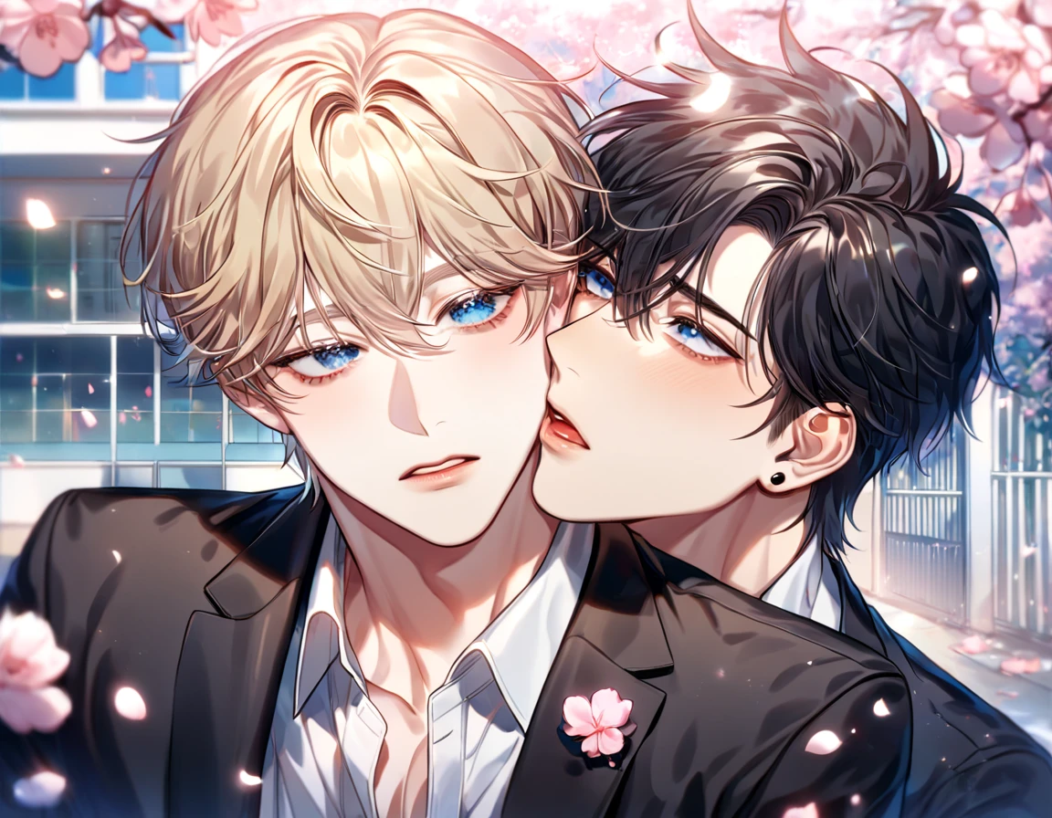 absurdres, highres, ultra detailed, HDR, master piece, best quality, extremely detailed face, delicated features, Kang Woojin, black hair, messy hair, expressive dark blue eyes, Love Jinx, Lim Haegyung, ash-blonde hair, hair between the eyes, messy hair, expressive blue eyes, two sexy men together, yaoi, gay couple, handsome, sensual, uniform, black jacket, white shirt, unbuttoned, black piercings, cherry blossoms, pink flowers, pink butterflies, pink petals, school, school gate