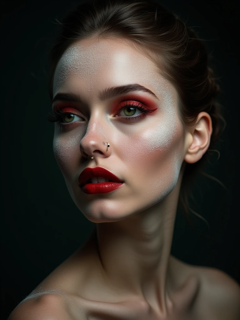 portrait of a woman with a dramatic and artistic style. The layout is centered, focusing on her face. She has light skin with a dusting of white powder across her face, giving a textured and ethereal appearance. Her facial features include high cheekbones, full lips painted in a deep red lipstick, and striking green eyes accentuated with bold red eyeshadow. She has a nose ring on her left nostril and her hair is pulled back, with a few loose strands framing her face. The background is dark, which contrasts with the light powder on her face, making her features stand out prominently.