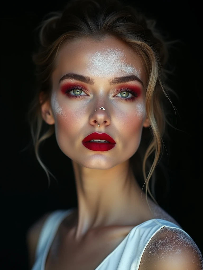portrait of a woman with a dramatic and artistic style. The layout is centered, focusing on her face. She has light skin with a dusting of white powder across her face, giving a textured and ethereal appearance. Her facial features include high cheekbones, full lips painted in a deep red lipstick, and striking green eyes accentuated with bold red eyeshadow. She has a nose ring on her left nostril and her hair is pulled back, with a few loose strands framing her face. The background is dark, which contrasts with the light powder on her face, making her features stand out prominently.