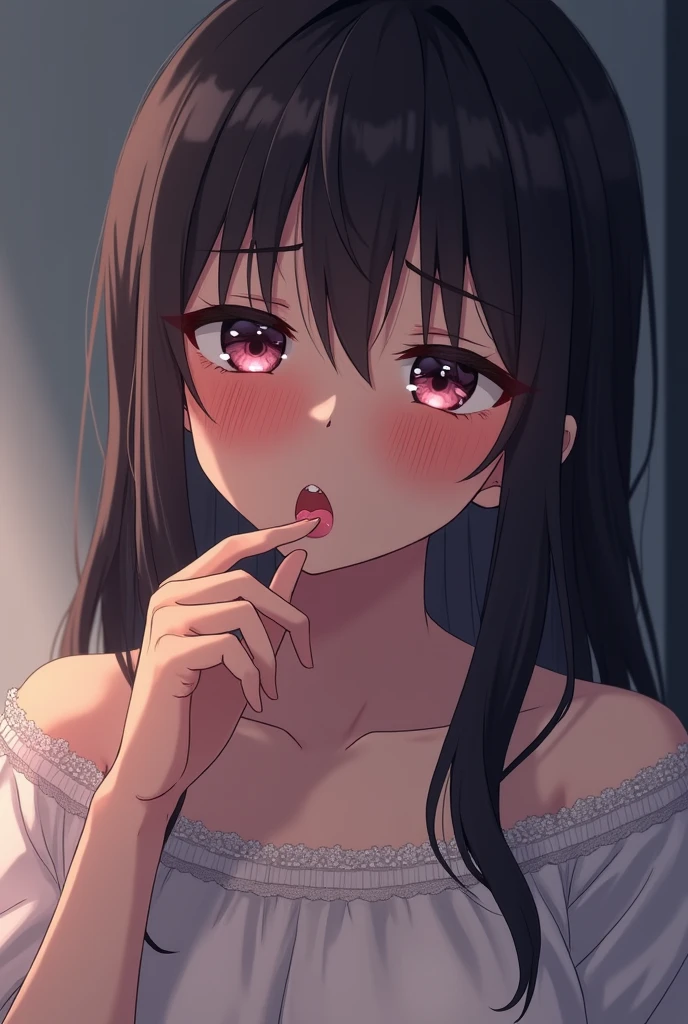 A girl licking a penis while crying, in anime style