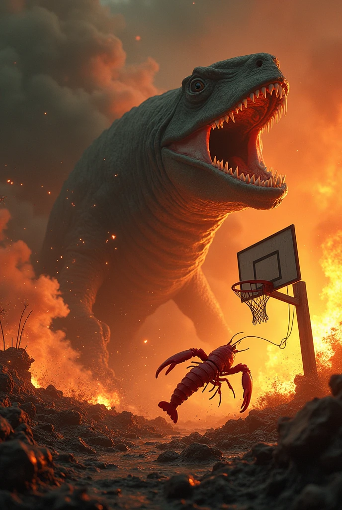 I wanted a lobster while making a basketball hoop and the kraken and megalodon chasing it EVERYTHING IS ON FIRE 