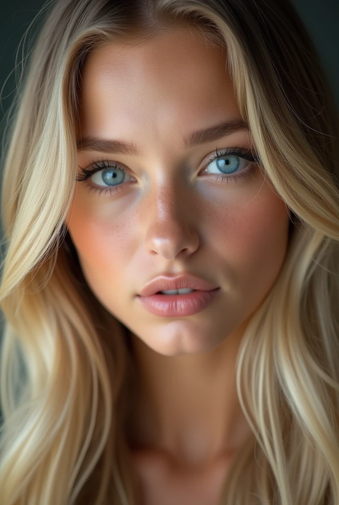 a beautiful young woman with long blonde hair, bright blue eyes, a clear face and defined cheekbones, (best quality,4k,8k,highres,masterpiece:1.2),ultra-detailed,(realistic,photorealistic,photo-realistic:1.37),portrait,studio lighting,HDR,UHD,extremely detailed eyes and face,longeyelashes,beautiful detailed eyes,beautiful detailed lips,soft skin,natural lighting,cinematic,vibrant colors,warm color palette